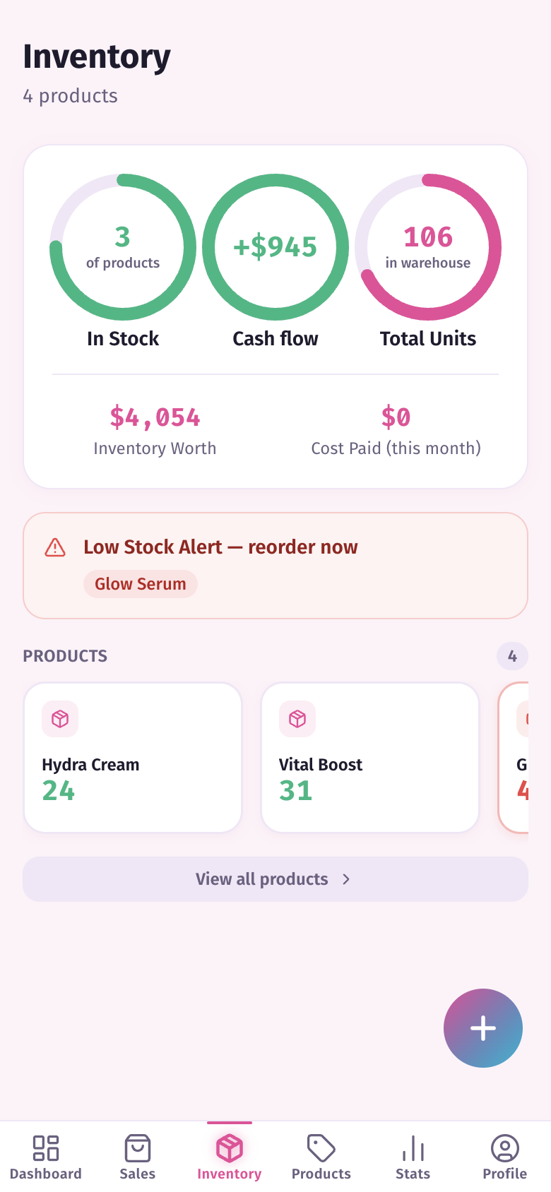Inventory screen showing product list with stock counts