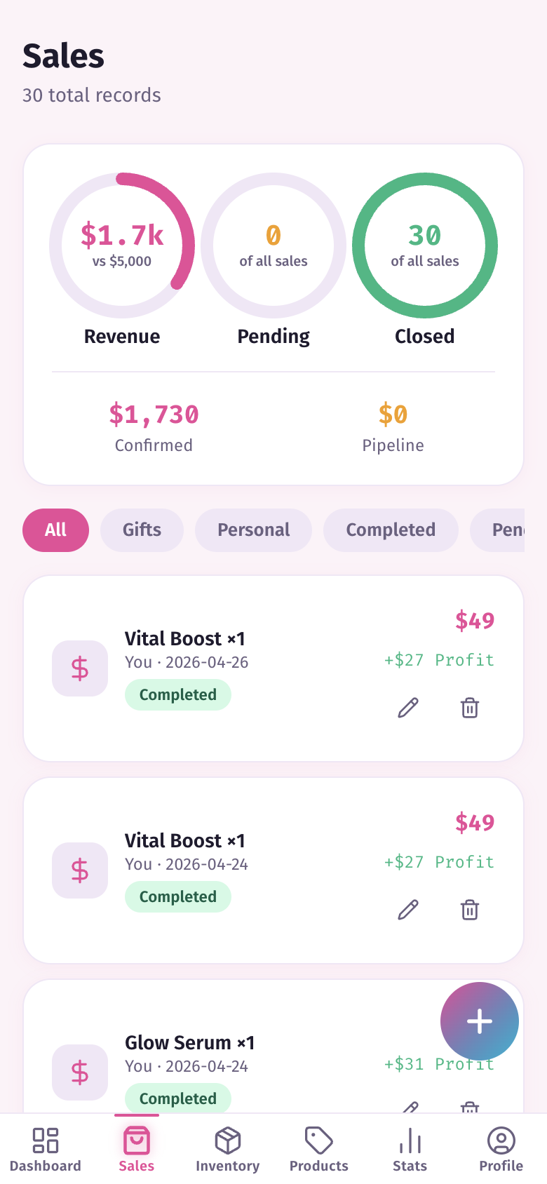 Sales entry screen on mobile, showing product selection and quantity input